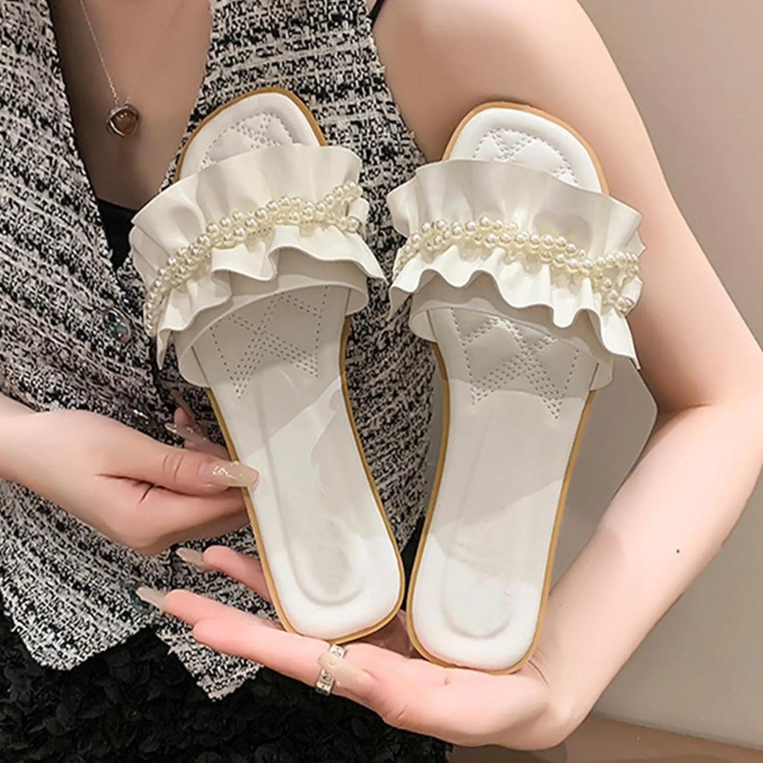 Women's Pearl Ruffled Square Open Toe Slides Sandals Fashionable Soft Flats Memory Foam Slip On Anti-Slip Dress Wedding Slippers