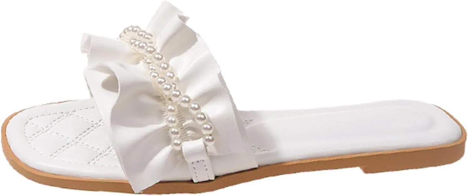 Women's Pearl Ruffled Square Open Toe Slides Sandals Fashionable Soft Flats Memory Foam Slip On Anti-Slip Dress Wedding Slippers
