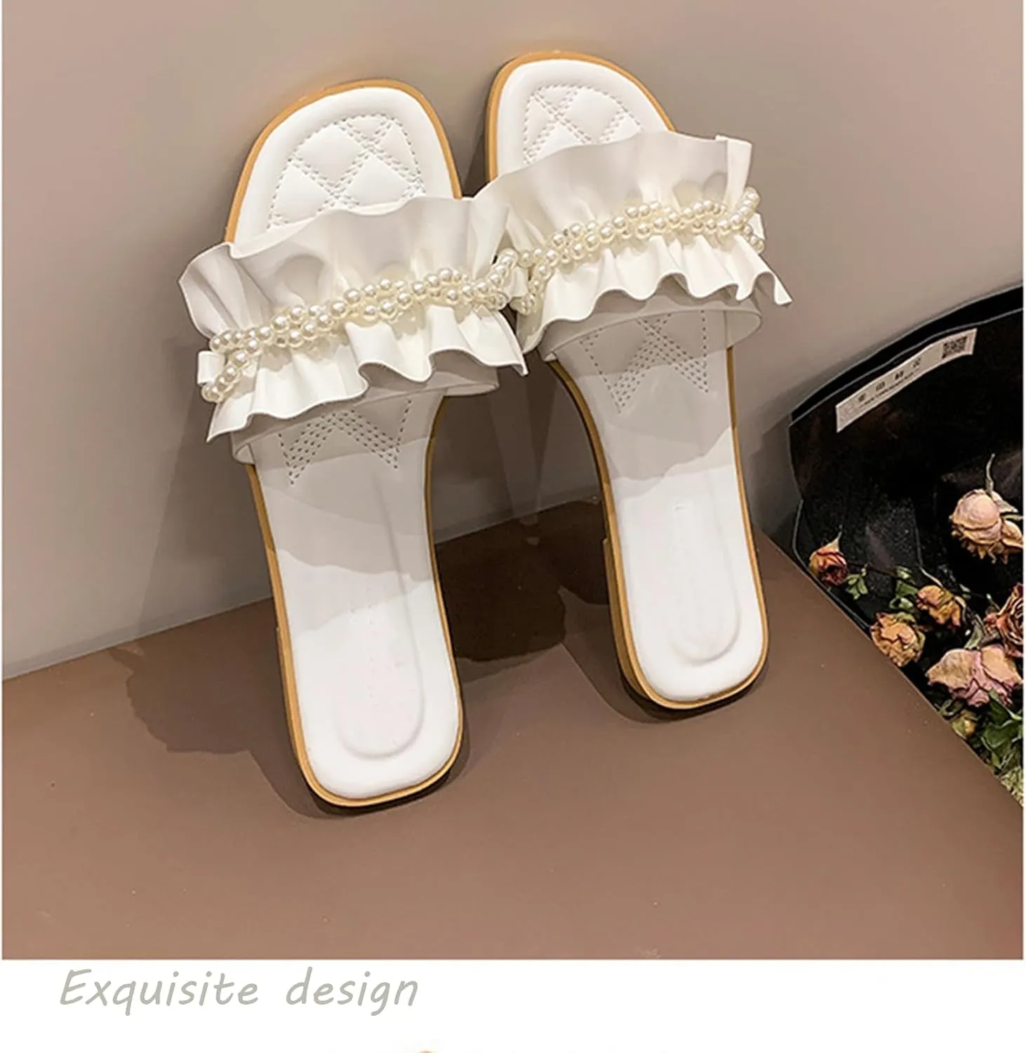 Women's Pearl Ruffled Square Open Toe Slides Sandals Fashionable Soft Flats Memory Foam Slip On Anti-Slip Dress Wedding Slippers