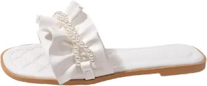 Women's Pearl Ruffled Square Open Toe Slides Sandals Fashionable Soft Flats Memory Foam Slip On Anti-Slip Dress Wedding Slippers