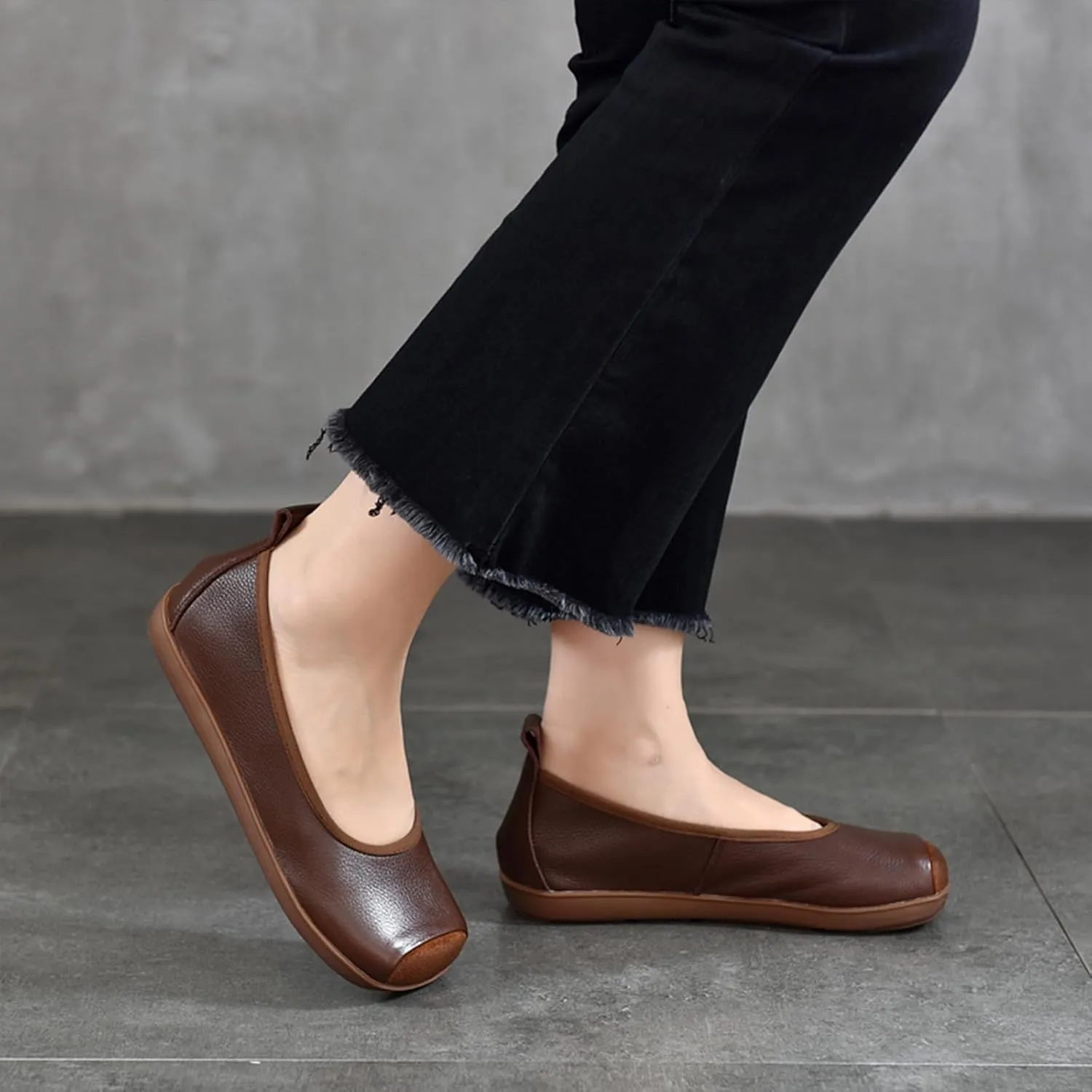 Women's Retro Genuine Leather Loafers Comfort Slip On Square Wide Toe Soft Bottom Low Heeled Ballet Flats Lightweight Non-Slip Prom Dress Shoes