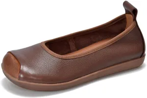 Women's Retro Genuine Leather Loafers Comfort Slip On Square Wide Toe Soft Bottom Low Heeled Ballet Flats Lightweight Non-Slip Prom Dress Shoes