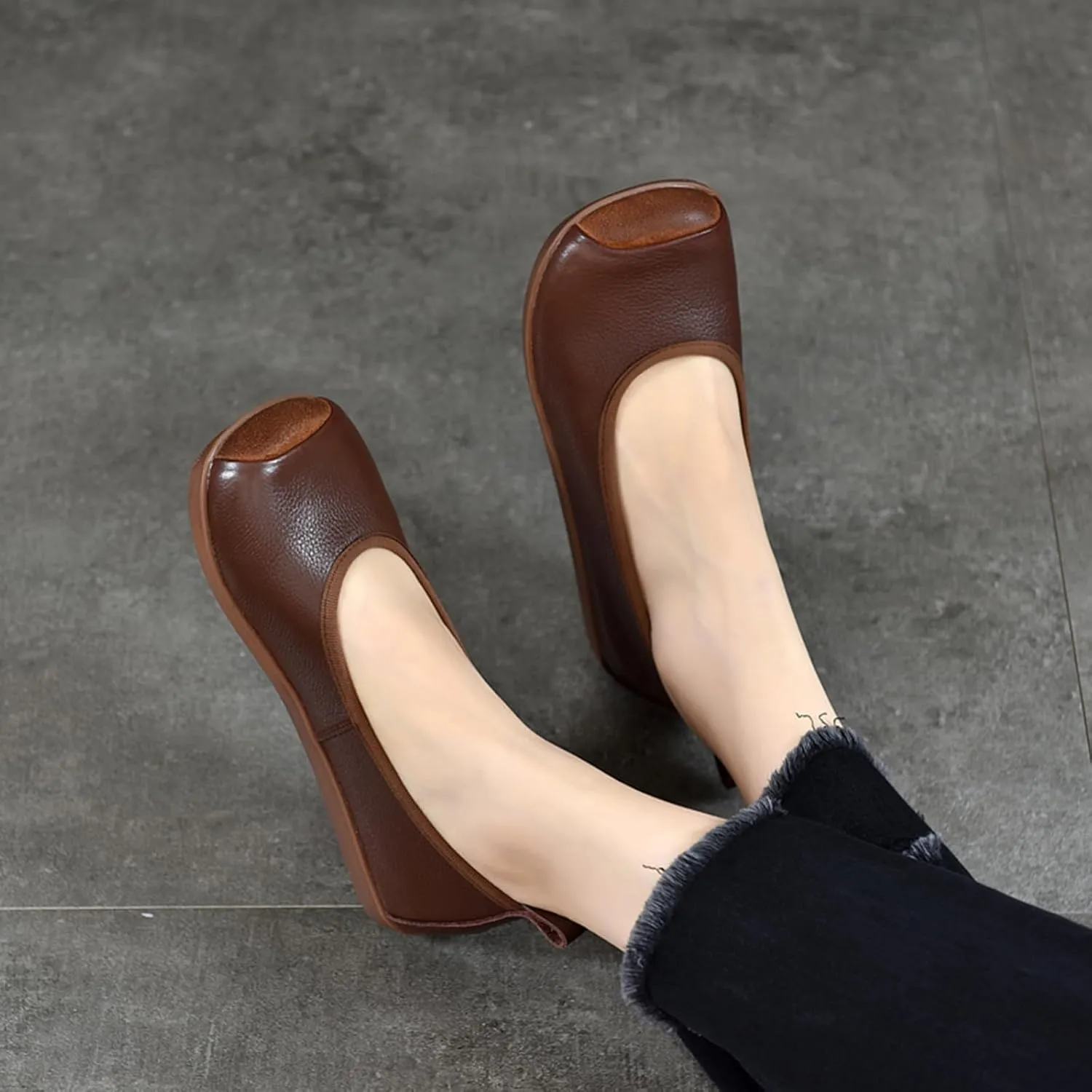 Women's Retro Genuine Leather Loafers Comfort Slip On Square Wide Toe Soft Bottom Low Heeled Ballet Flats Lightweight Non-Slip Prom Dress Shoes