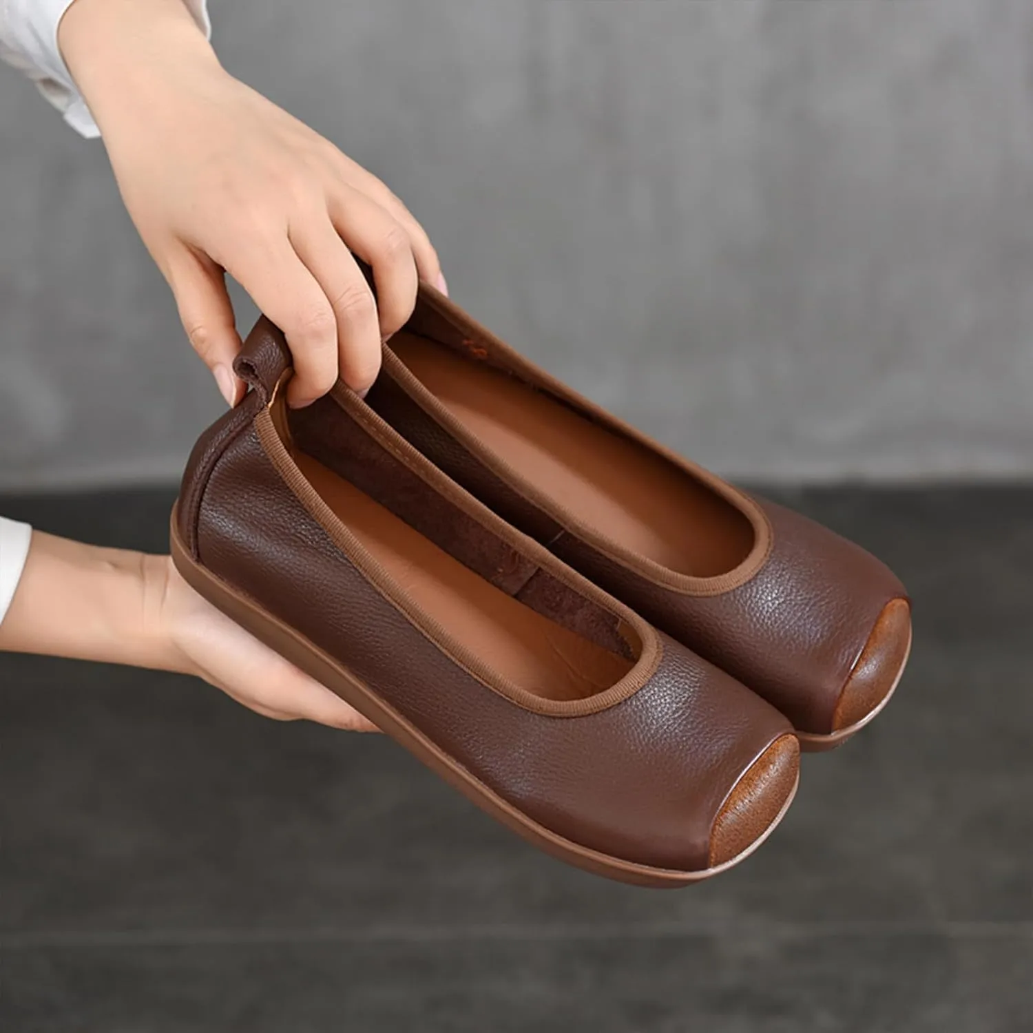 Women's Retro Genuine Leather Loafers Comfort Slip On Square Wide Toe Soft Bottom Low Heeled Ballet Flats Lightweight Non-Slip Prom Dress Shoes