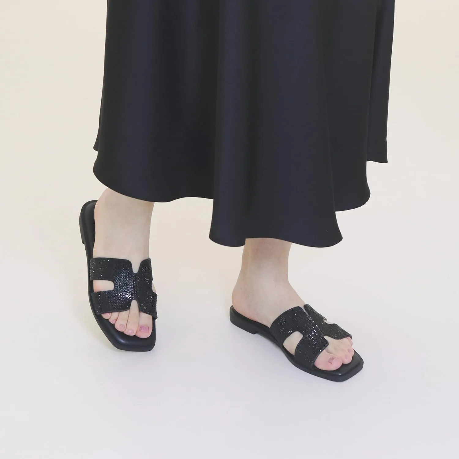 Womens Slip On Flat Sandals Soft Leather Open Toe Slide for Summer Dressy