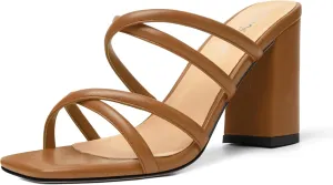 Womens Slip On Matte Open Toe Evening Dress Block High Heel Heeled Sandals 3.3 Inch