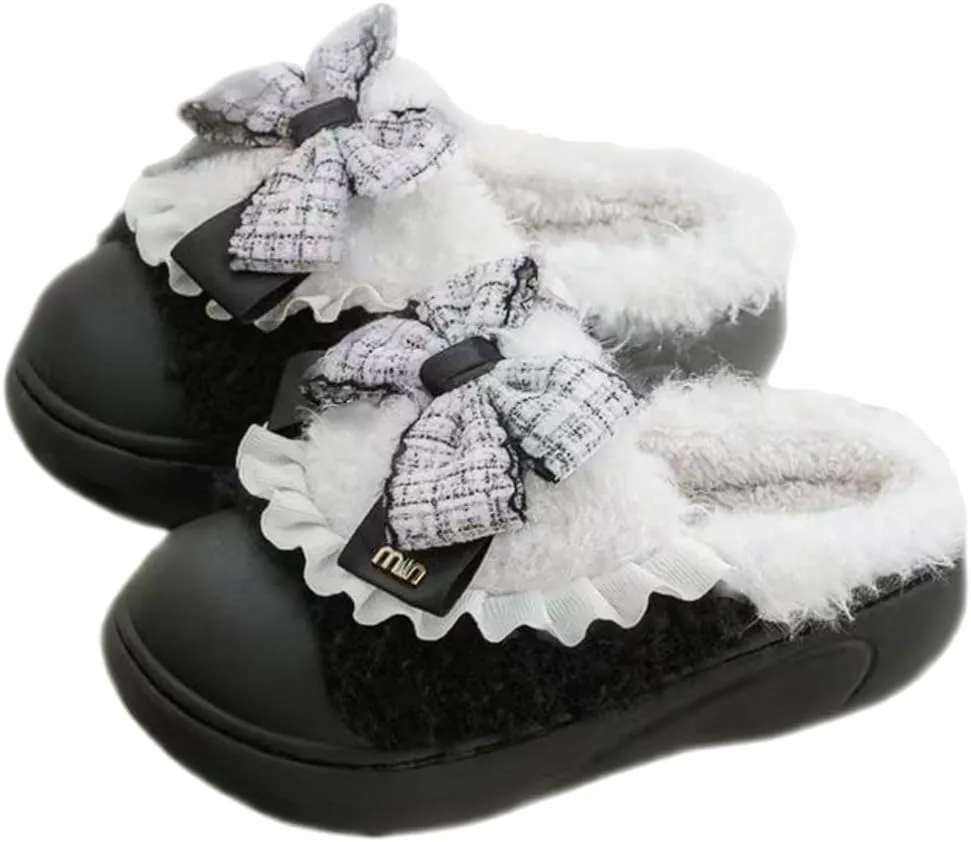 Women's Soft Plush Slippers with Cute Bow, Non-Slip Cotton Slippers, Furry Comfy Flat Slip-On House Shoes for Women