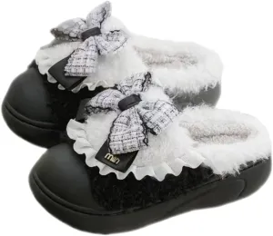Women's Soft Plush Slippers with Cute Bow, Non-Slip Cotton Slippers, Furry Comfy Flat Slip-On House Shoes for Women