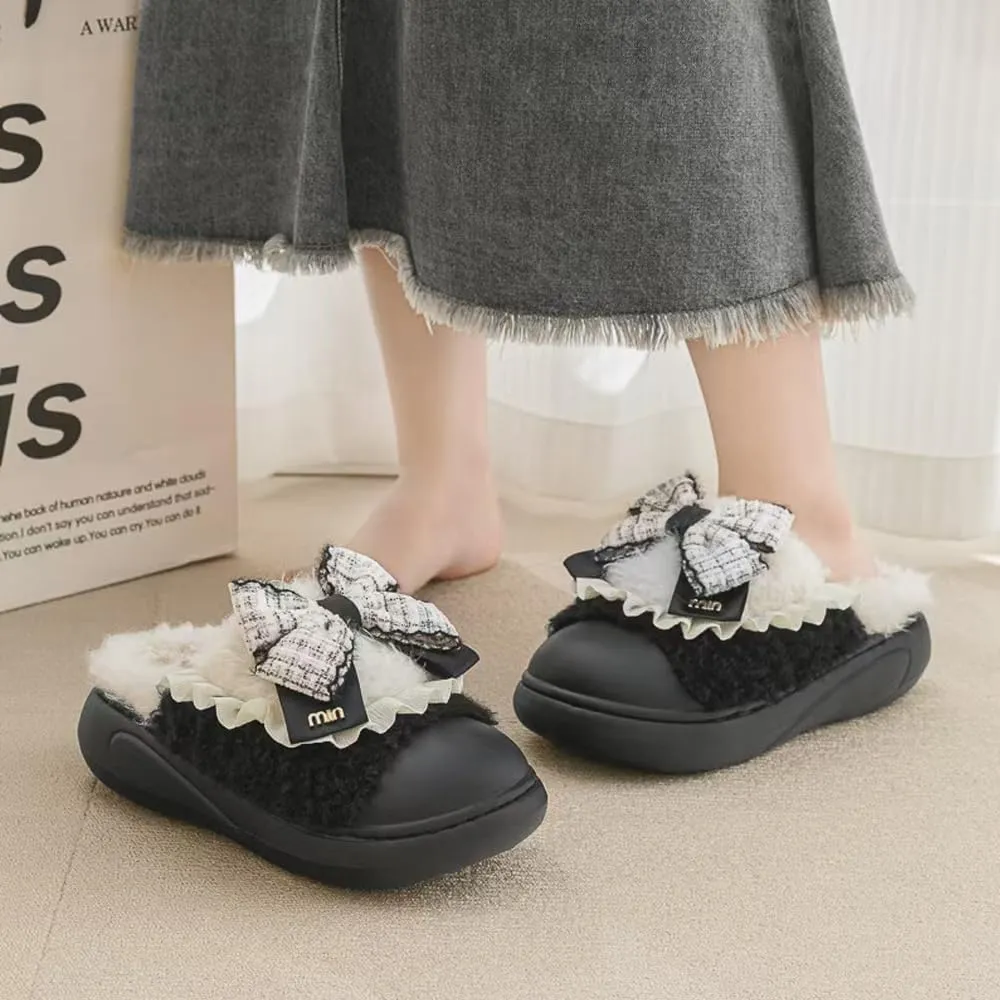Women's Soft Plush Slippers with Cute Bow, Non-Slip Cotton Slippers, Furry Comfy Flat Slip-On House Shoes for Women