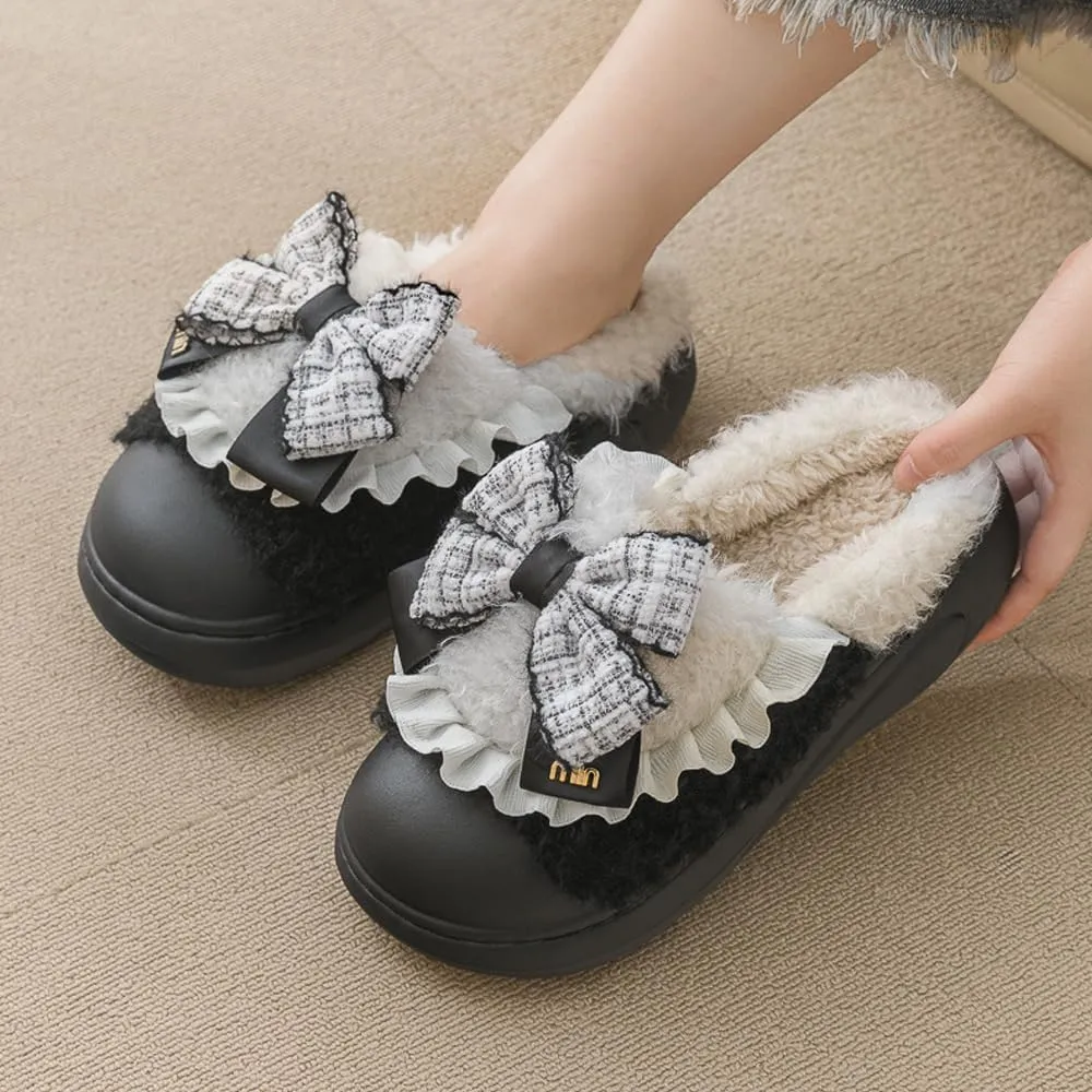 Women's Soft Plush Slippers with Cute Bow, Non-Slip Cotton Slippers, Furry Comfy Flat Slip-On House Shoes for Women