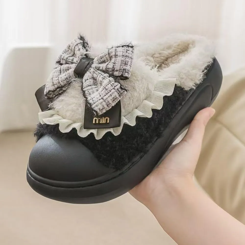 Women's Soft Plush Slippers with Cute Bow, Non-Slip Cotton Slippers, Furry Comfy Flat Slip-On House Shoes for Women