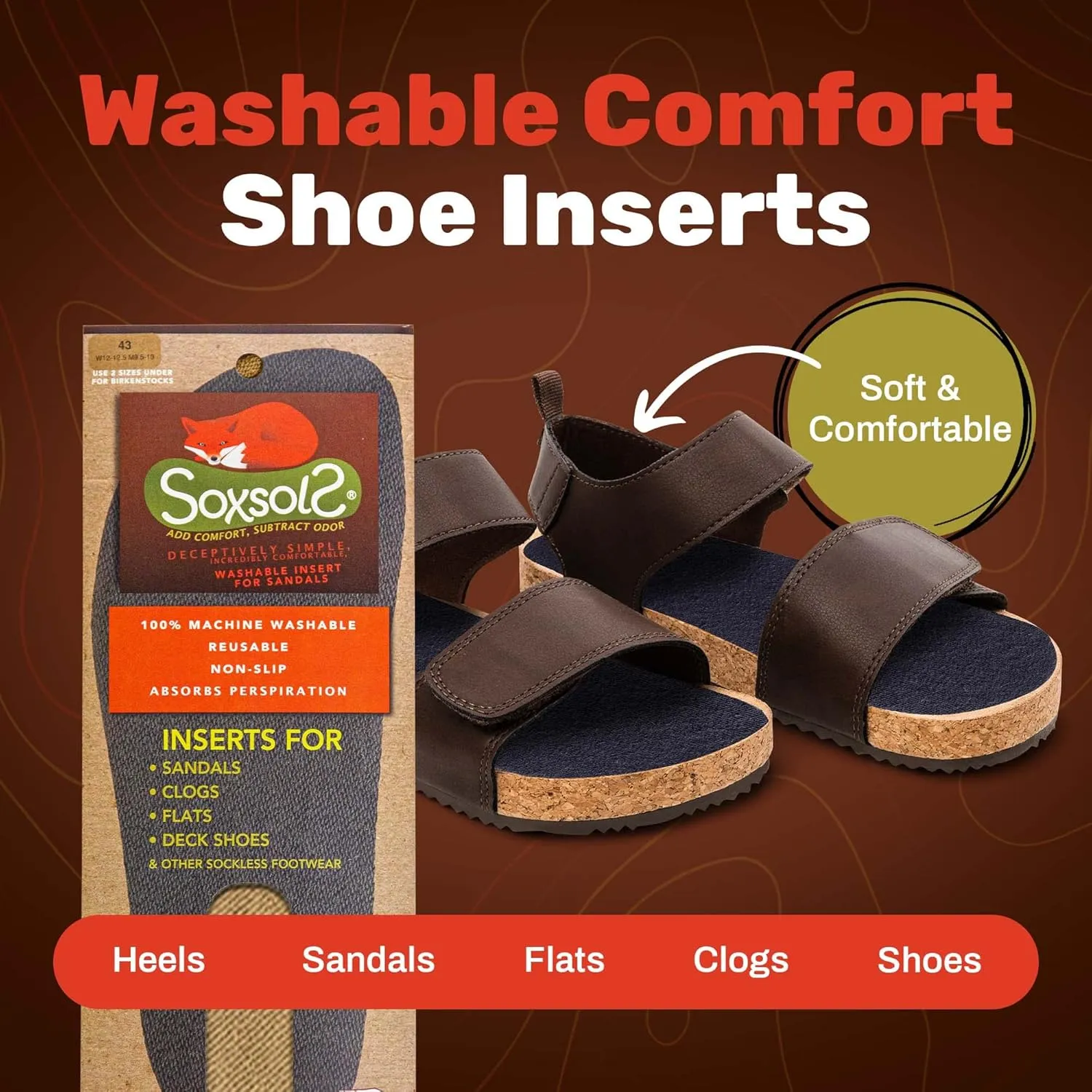 Wool Flat Shoe Insert for Sandals & Sockless Shoes, Comfortable Shoe Insoles with Sweat-Absorbent Natural Fiber & Non-Slip Silicone Grip, Narrow-Cut Shoe Inserts for Women, Brown, Size 37 - SoxsolS