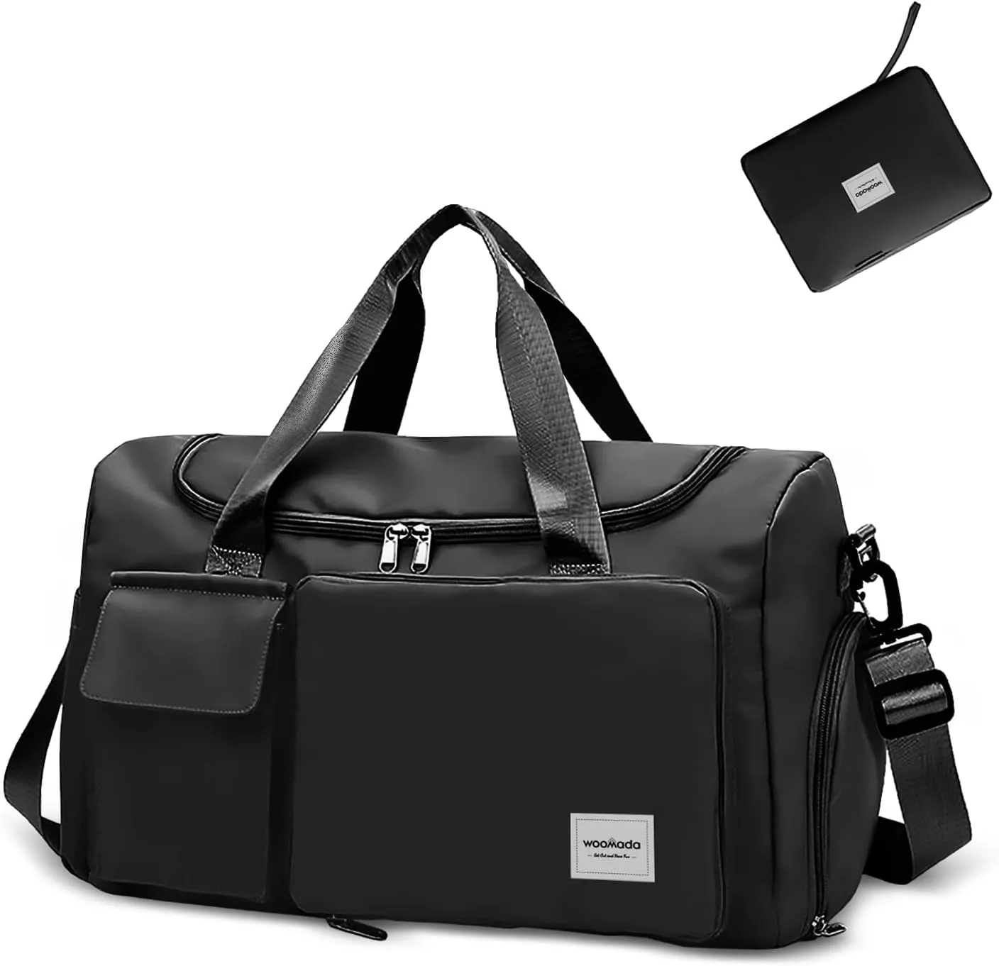 WOOMADA Foldable Travel Duffel Bag for Women, Weekender Bags with Shoes Compartment,Overnight Bag with Wet Pocket & Trolley Sleeve(Black)