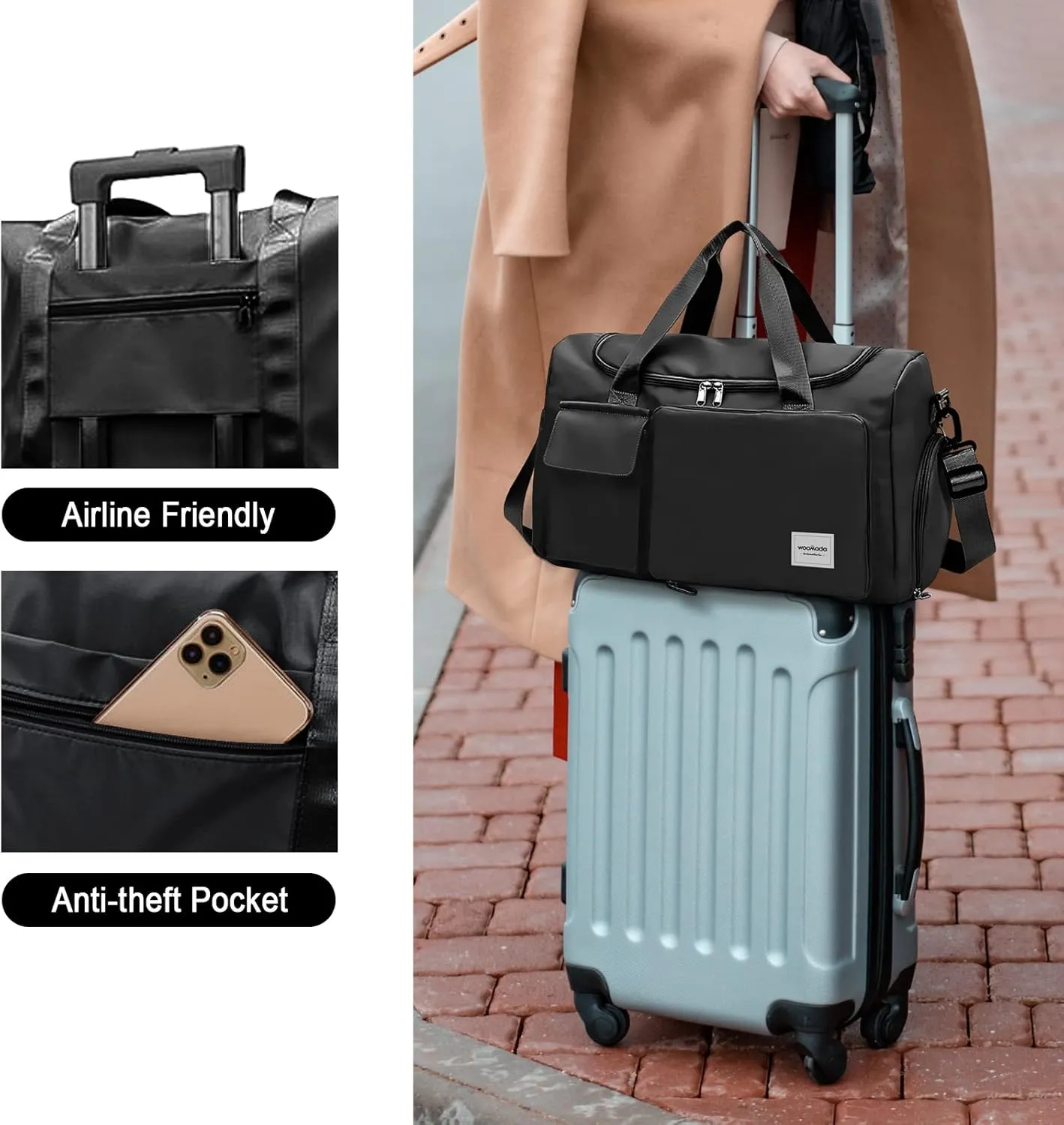 WOOMADA Foldable Travel Duffel Bag for Women, Weekender Bags with Shoes Compartment,Overnight Bag with Wet Pocket & Trolley Sleeve(Black)