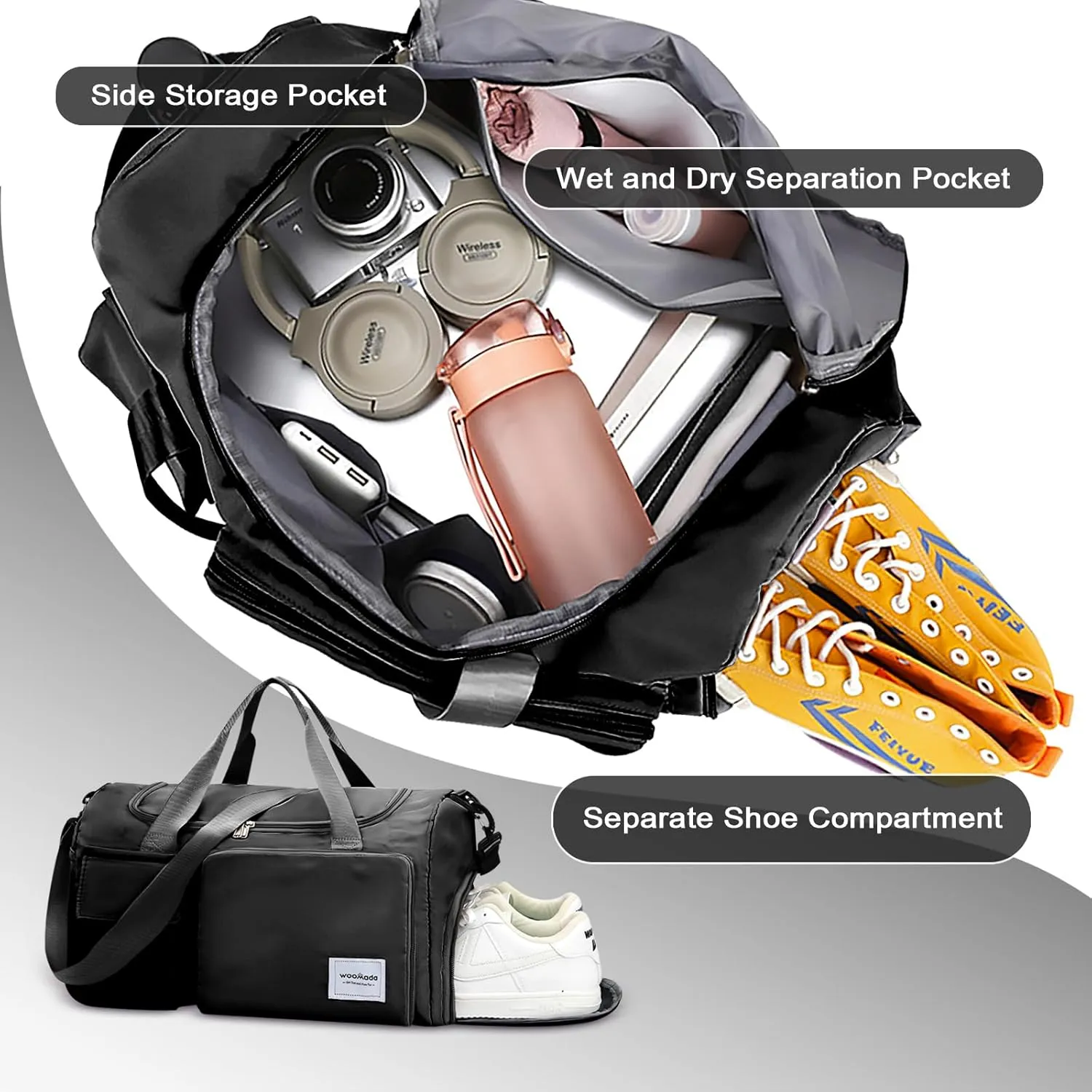 WOOMADA Foldable Travel Duffel Bag for Women, Weekender Bags with Shoes Compartment,Overnight Bag with Wet Pocket & Trolley Sleeve(Black)