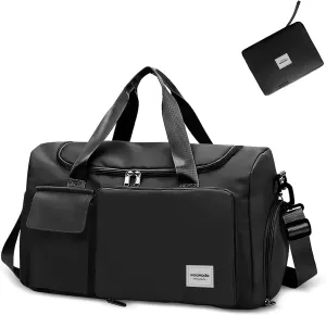 WOOMADA Foldable Travel Duffel Bag for Women, Weekender Bags with Shoes Compartment,Overnight Bag with Wet Pocket & Trolley Sleeve(Black)
