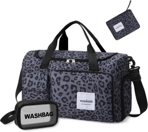 WOOMADA Foldable Travel Duffel Bag with Shoes Compartment, Overnight Bag with Wet Pocket, Weekender Carry On with cosmetic bag for Women(black leopard)