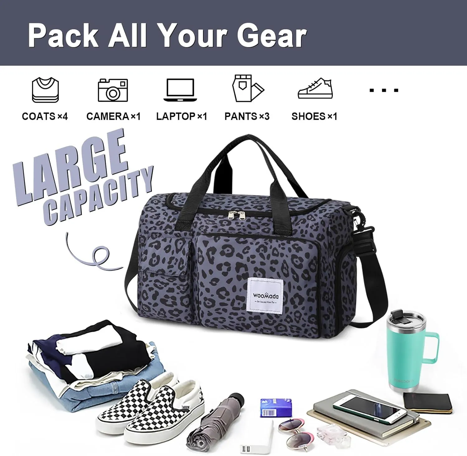 WOOMADA Foldable Travel Duffel Bag with Shoes Compartment, Overnight Bag with Wet Pocket, Weekender Carry On with cosmetic bag for Women(black leopard)