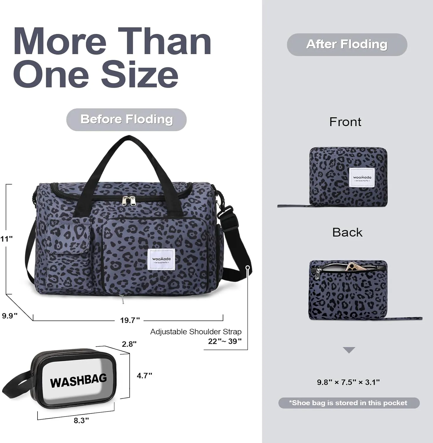 WOOMADA Foldable Travel Duffel Bag with Shoes Compartment, Overnight Bag with Wet Pocket, Weekender Carry On with cosmetic bag for Women(black leopard)