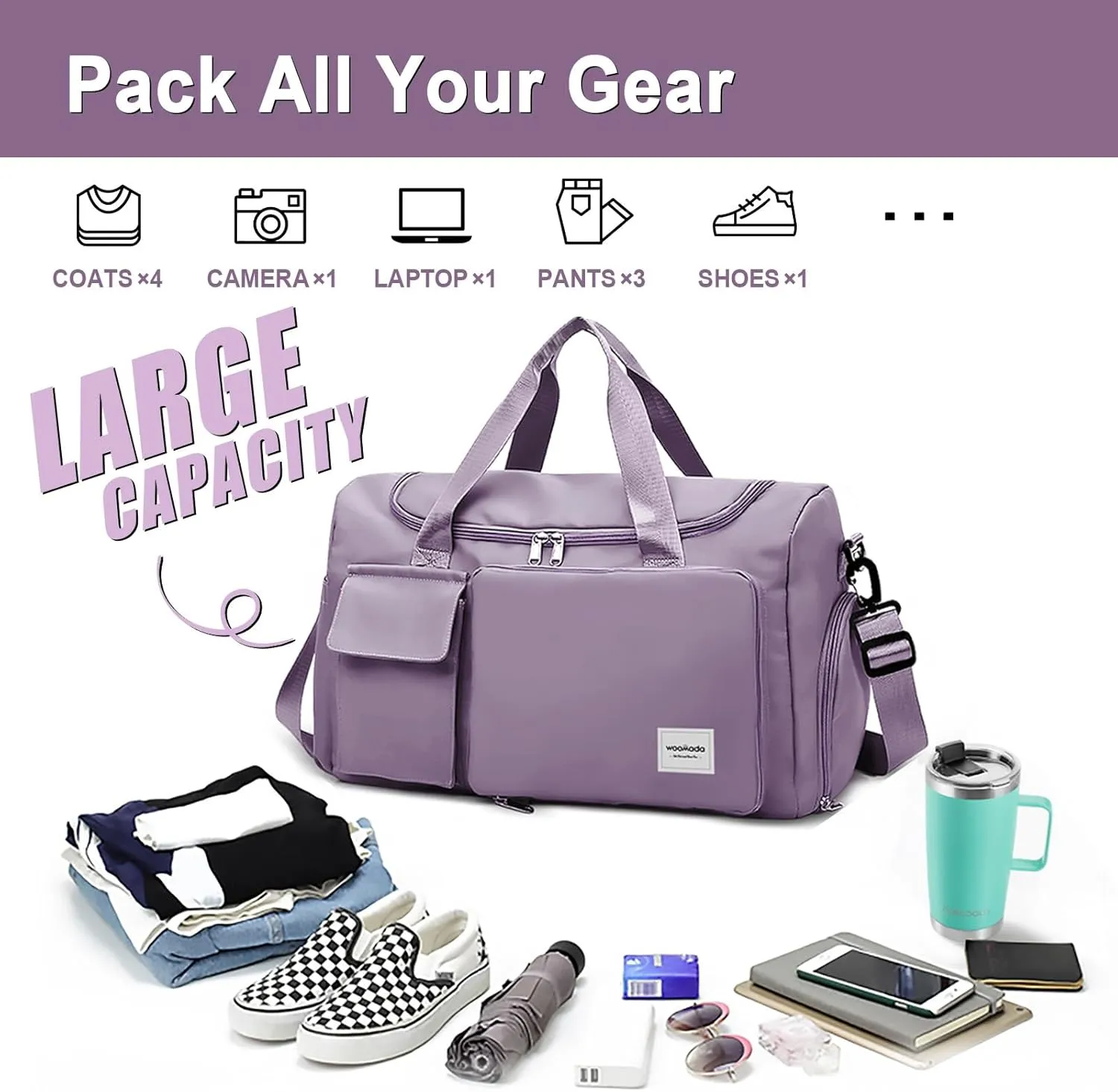 WOOMADA Foldable Travel Duffel Bag with Shoes Compartment, Overnight Bag with Wet Pocket, Weekender Carry On with cosmetic bag for Women(grayish purple)
