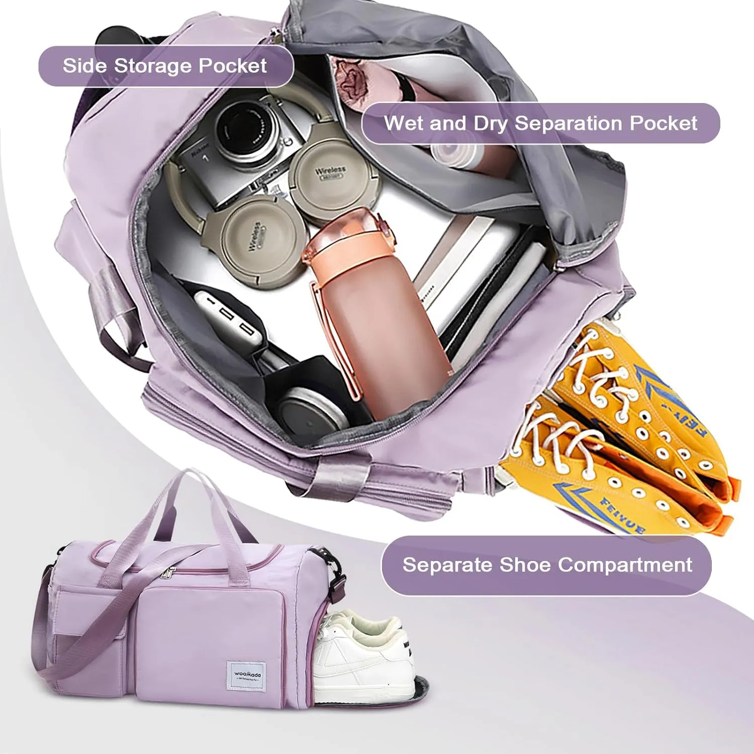 WOOMADA Foldable Travel Duffel Bag with Shoes Compartment, Overnight Bag with Wet Pocket, Weekender Carry On with cosmetic bag for Women(grayish purple)