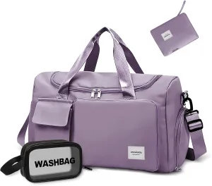 WOOMADA Foldable Travel Duffel Bag with Shoes Compartment, Overnight Bag with Wet Pocket, Weekender Carry On with cosmetic bag for Women(grayish purple)