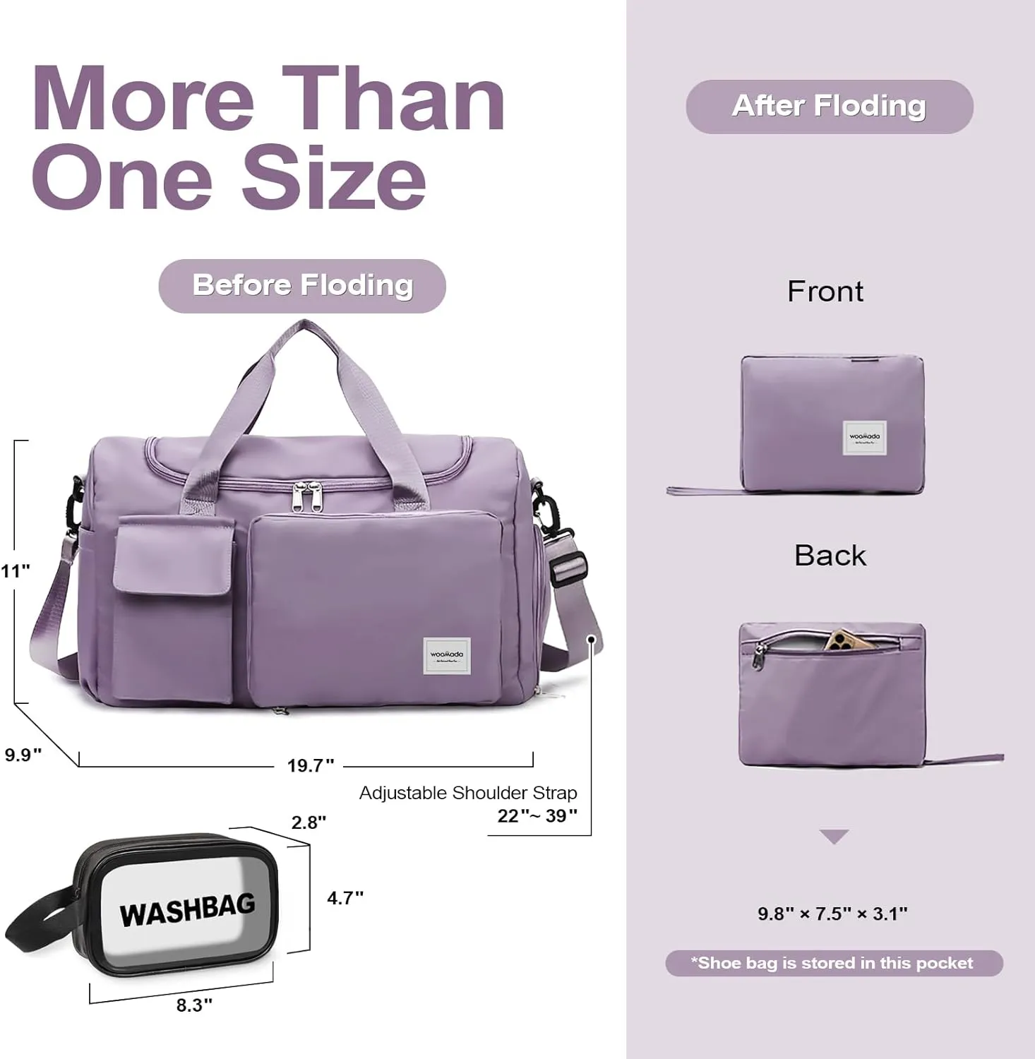 WOOMADA Foldable Travel Duffel Bag with Shoes Compartment, Overnight Bag with Wet Pocket, Weekender Carry On with cosmetic bag for Women(grayish purple)