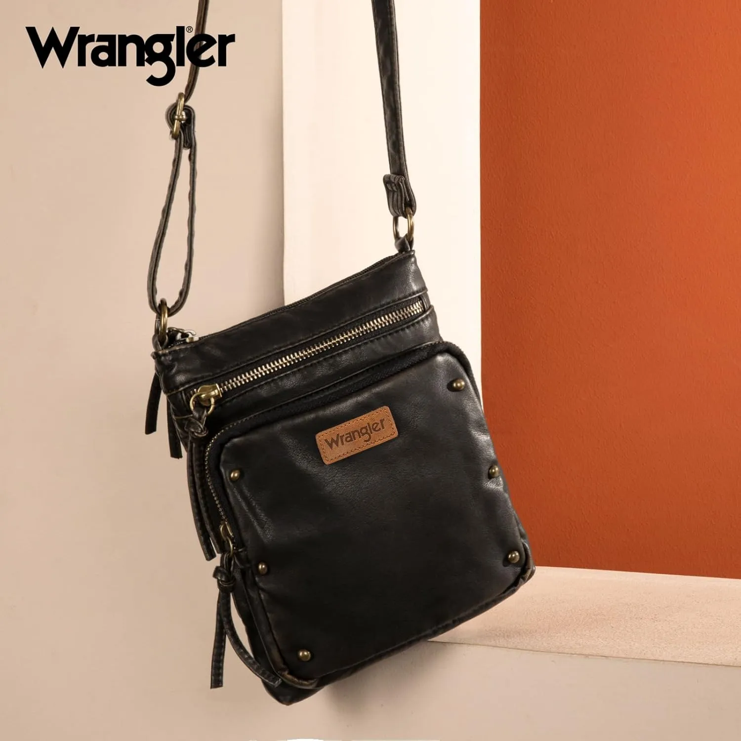Wrangler Crossbody Bag for Women Small Soft Washed Leather Multi Pocket Shoulder Purses