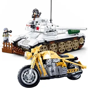 WW2 Army Building Blocks Set, White T34/85 Medium Tank & R75 Motorcycle Model Kit, Military Construction Toys Gifts for Boys Kids Age 6  (741 Pcs)
