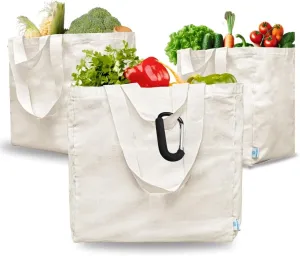 XL 3-Pack Reusable Tote Canvas Grocery Bags with Bonus Carabiner Hook, Dual Straps, and 6 Pockets for Easy Organization and Carry