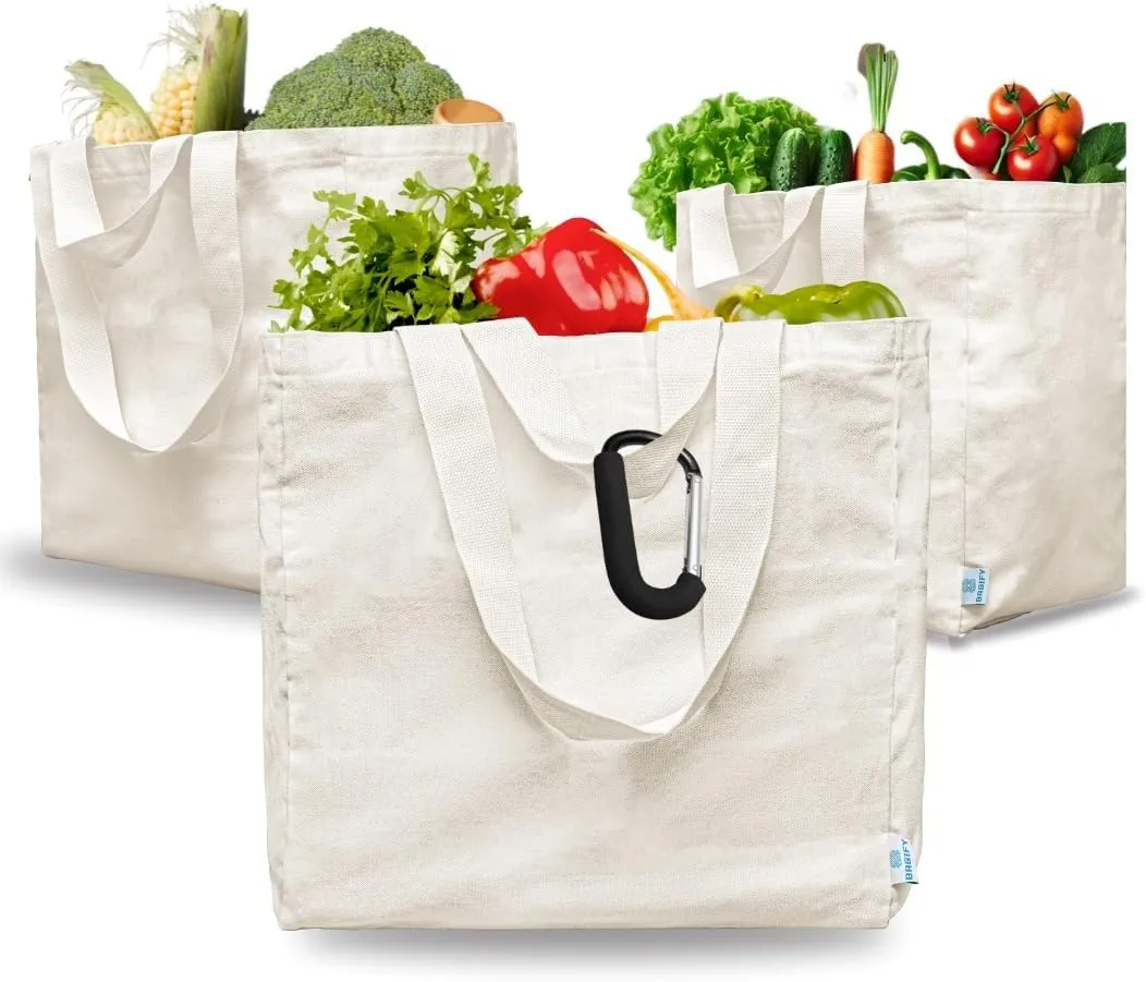 XL 3-Pack Reusable Tote Canvas Grocery Bags with Bonus Carabiner Hook, Dual Straps, and 6 Pockets for Easy Organization and Carry