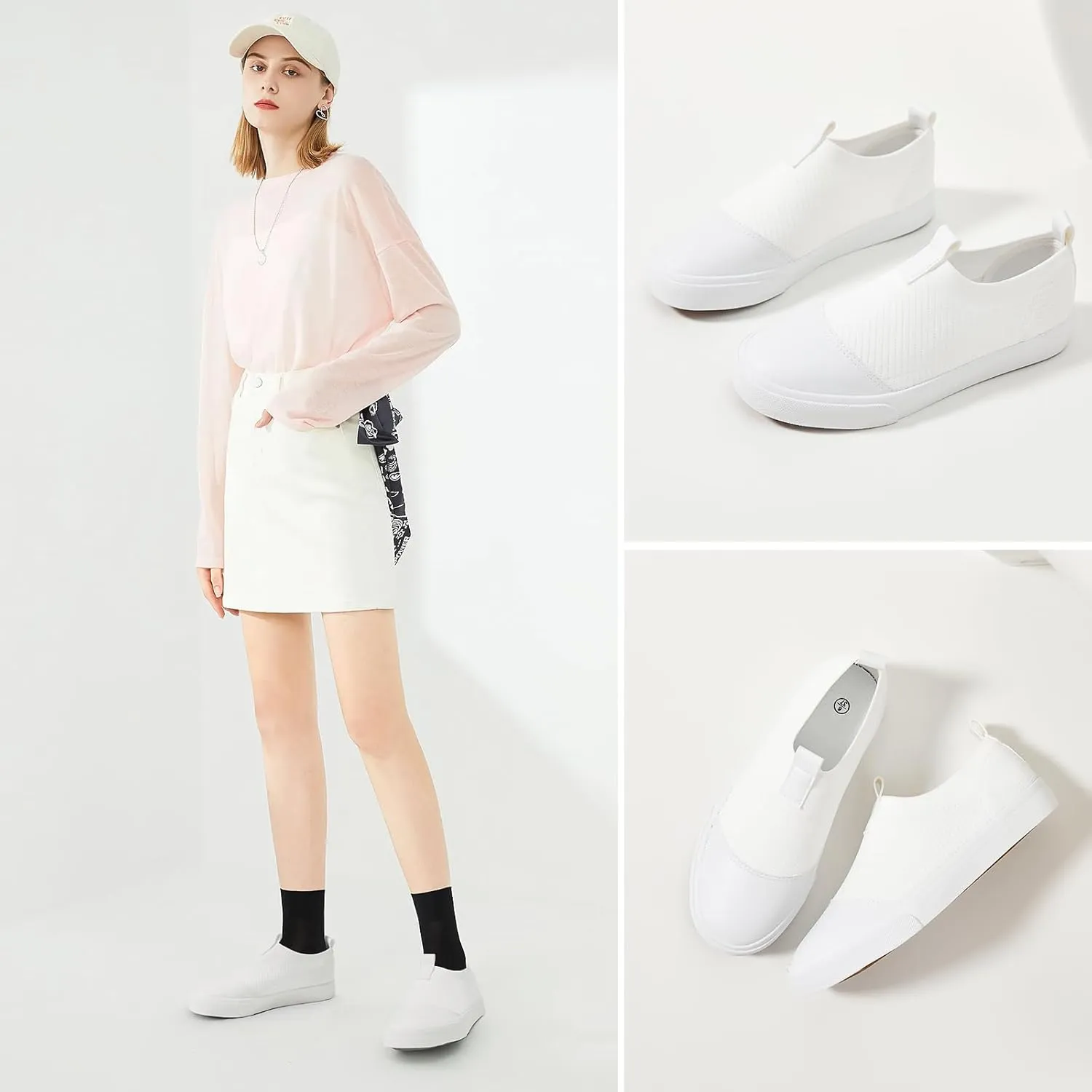 XRH Women's White Slip On Sneakers,Non Slip Women Fashion Work Shoes,Low top Casual Shoes