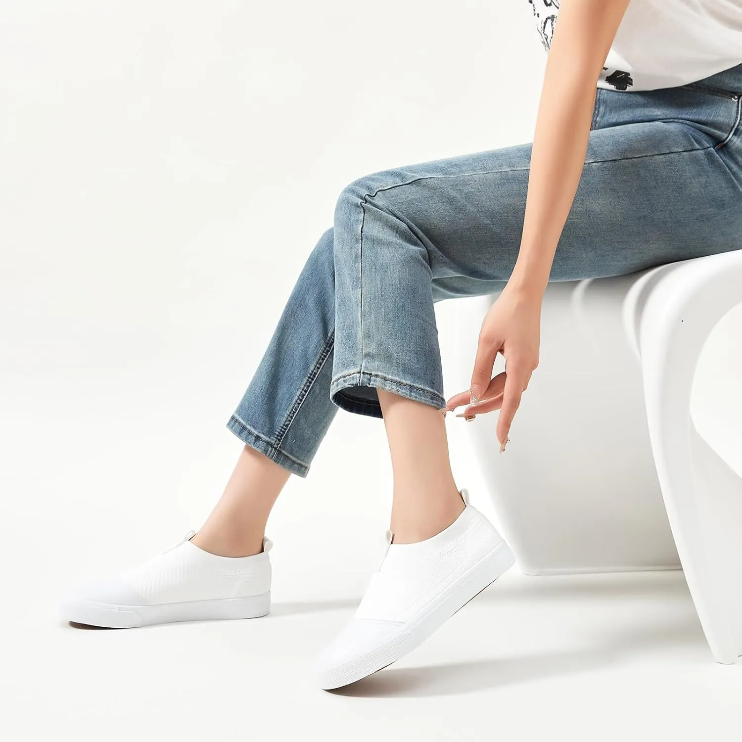 XRH Women's White Slip On Sneakers,Non Slip Women Fashion Work Shoes,Low top Casual Shoes