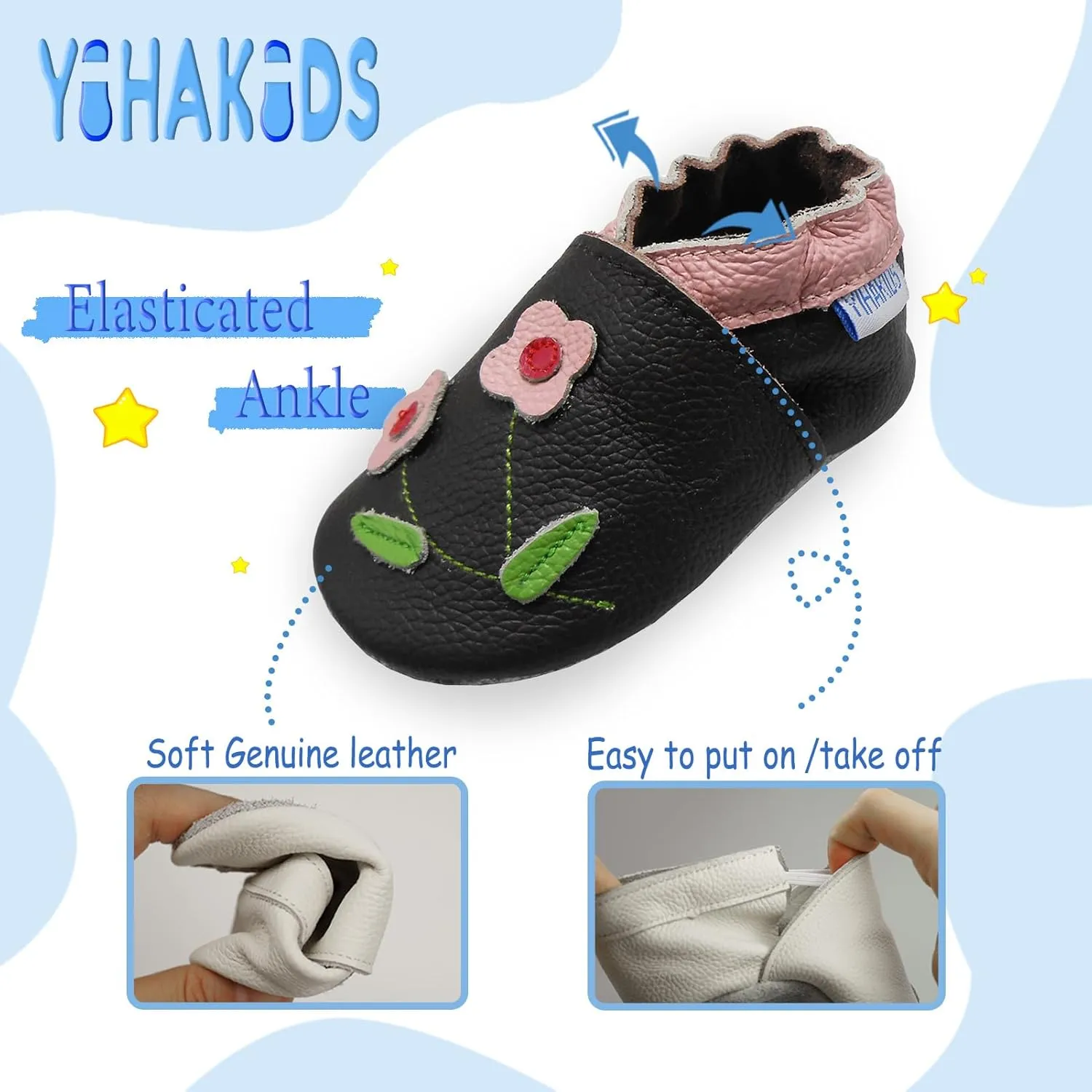 YIHAKIDS Baby Leather Shoes Soft Sole First Walking Moccasins Infants Toddler Boys Girls Crawling Slippers Slip-on Shoes with Elastic Ankle