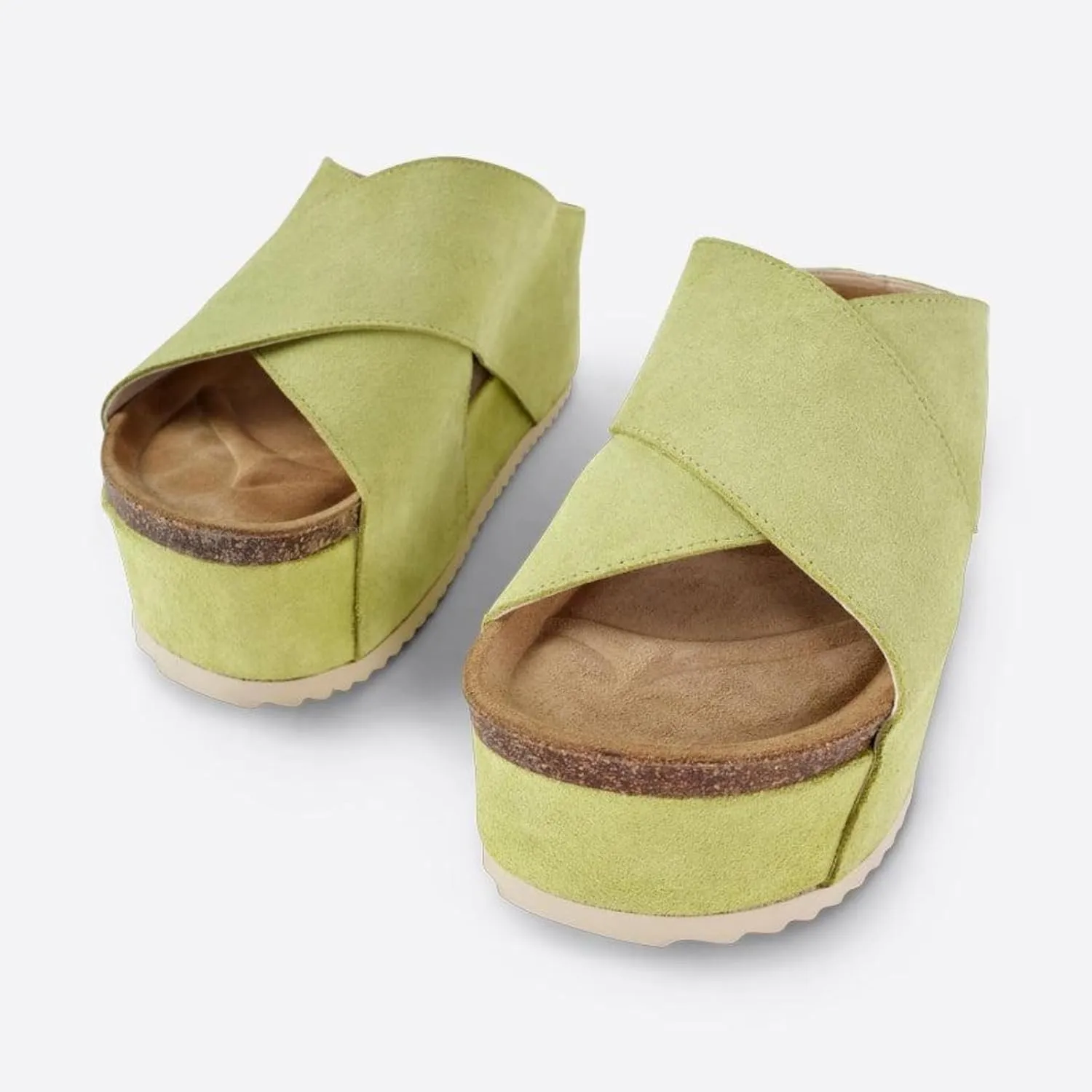 Yishaweiqi Women's Suede Platform Sandals Comfortable Cork Footbed Flatform Sandals Criss Cross Straps Flat Clogs Slide Sandals