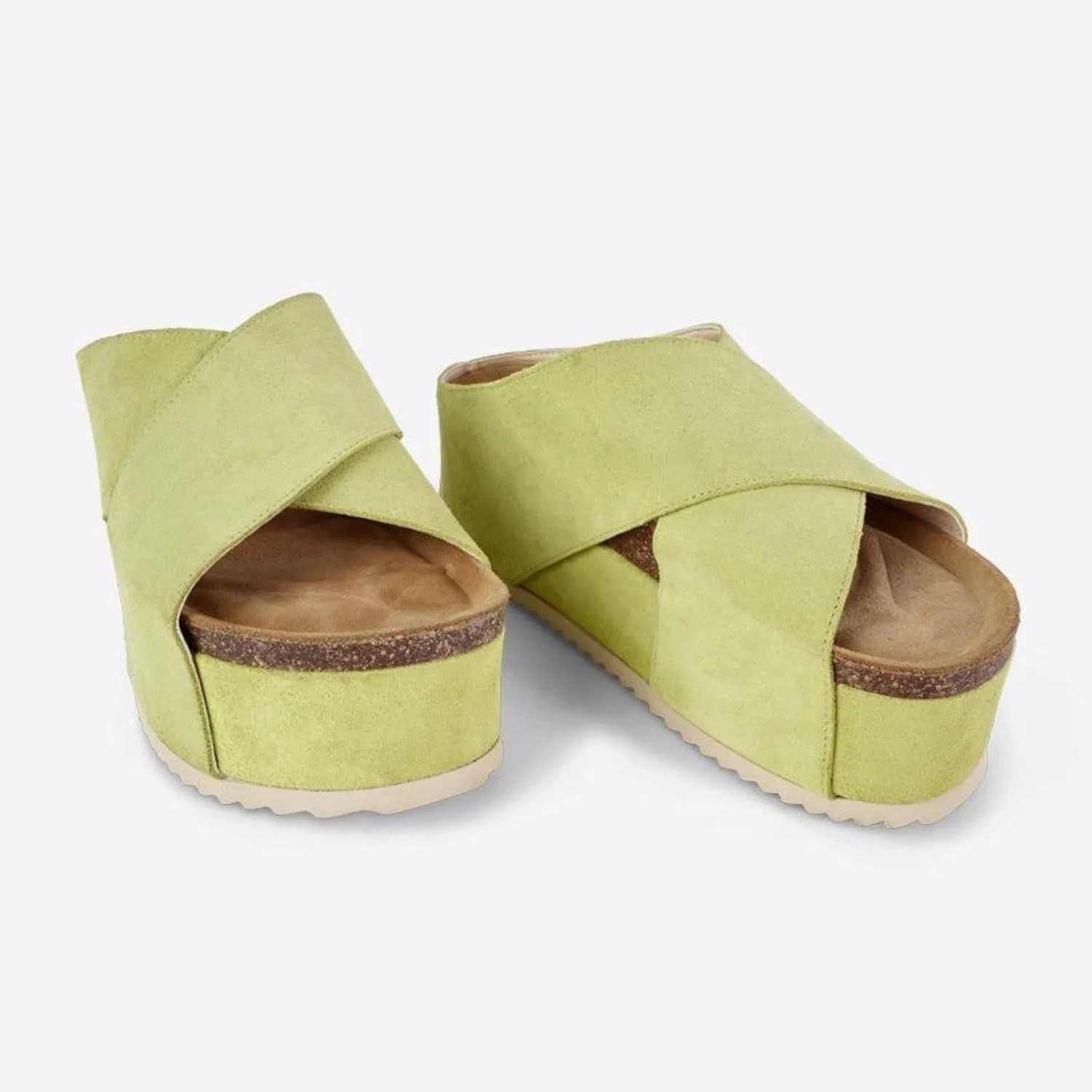 Yishaweiqi Women's Suede Platform Sandals Comfortable Cork Footbed Flatform Sandals Criss Cross Straps Flat Clogs Slide Sandals