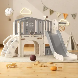 YUFU 8 in 1 Toddler Slide, Kids Slide for Toddlers Age 1-3, Toddler Climber Slide with Ring Toss, Tunnel and Basketball Hoop, Toddlers Indoor Outdoor Playset (Beige Gray), FE-HT-QMW05