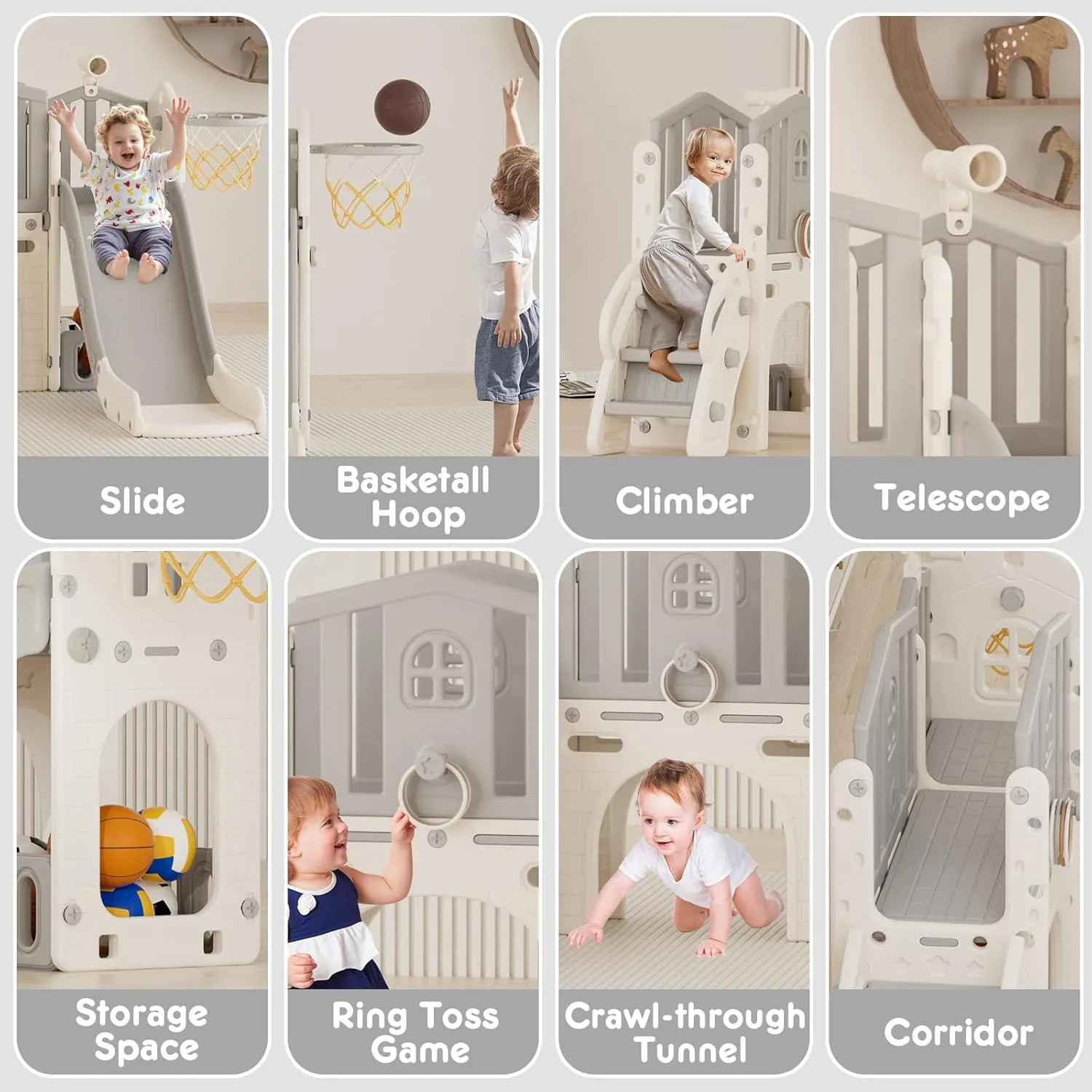 YUFU 8 in 1 Toddler Slide, Kids Slide for Toddlers Age 1-3, Toddler Climber Slide with Ring Toss, Tunnel and Basketball Hoop, Toddlers Indoor Outdoor Playset (Beige Gray), FE-HT-QMW05