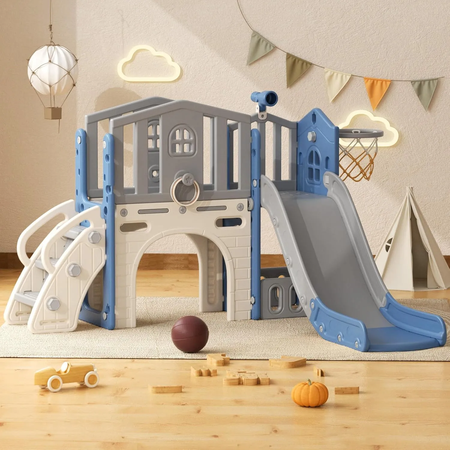 YUFU 8 in 1 Toddler Slide, Kids Slide for Toddlers Age 1-3, Toddler Climber Slide with Ring Toss, Tunnel and Basketball Hoop, Toddlers Indoor Outdoor Playset (Blue Gray)