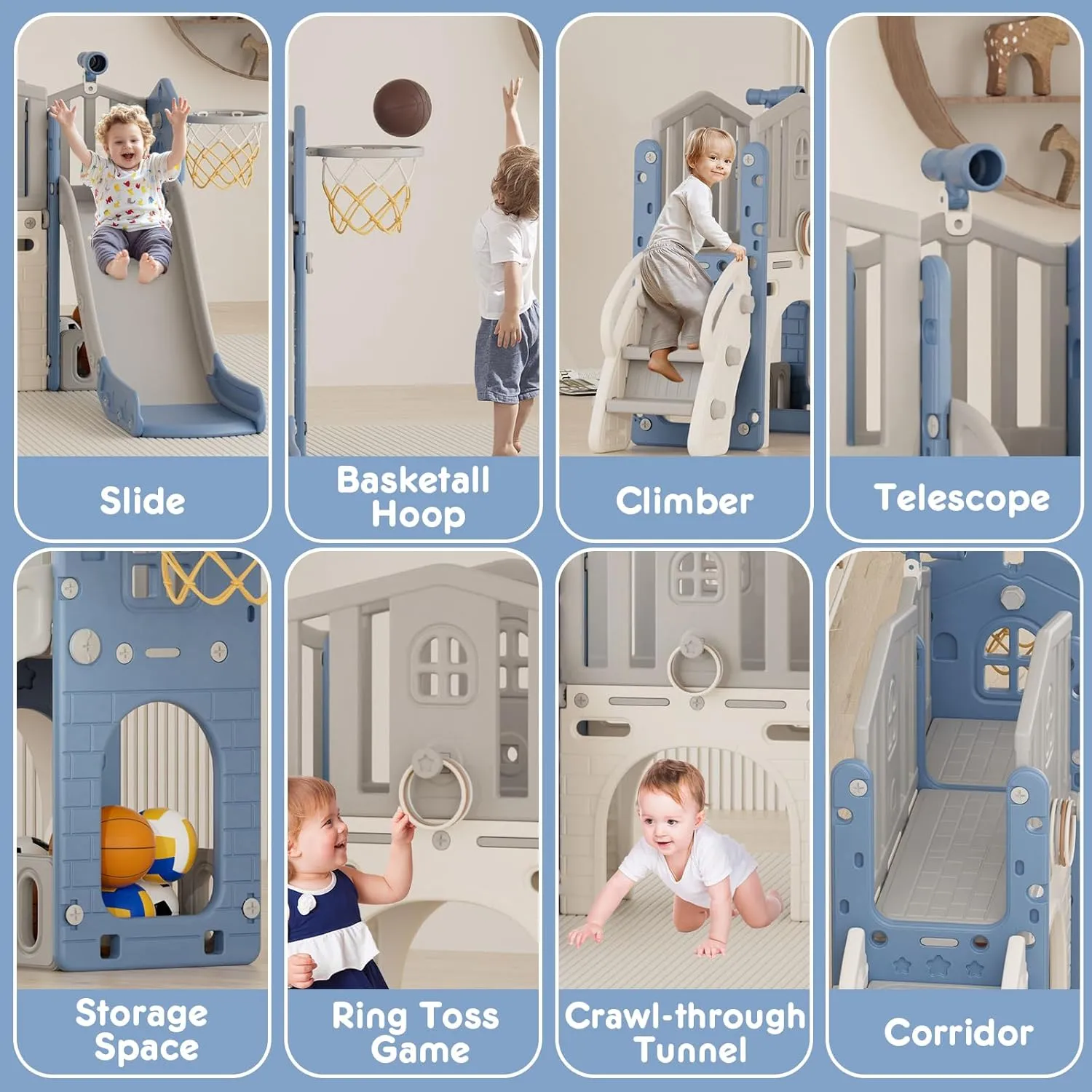YUFU 8 in 1 Toddler Slide, Kids Slide for Toddlers Age 1-3, Toddler Climber Slide with Ring Toss, Tunnel and Basketball Hoop, Toddlers Indoor Outdoor Playset (Blue Gray)