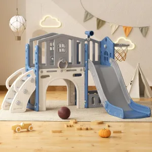 YUFU 8 in 1 Toddler Slide, Kids Slide for Toddlers Age 1-3, Toddler Climber Slide with Ring Toss, Tunnel and Basketball Hoop, Toddlers Indoor Outdoor Playset (Blue Gray)