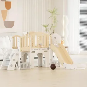 YUFU 9-in-1 Toddler Slide, Kids Slide for Toddlers Age 1-3, Modern Style with Ring Toss, Tunnel, Corridor, Basketball Hoop, Toddlers Indoor Outdoor Playset (Beige)