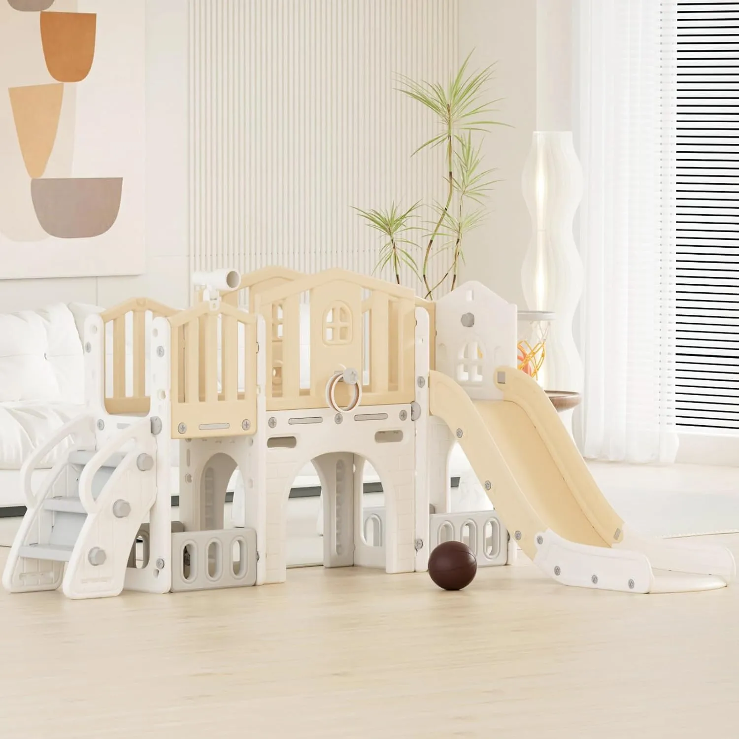 YUFU 9-in-1 Toddler Slide, Kids Slide for Toddlers Age 1-3, Modern Style with Ring Toss, Tunnel, Corridor, Basketball Hoop, Toddlers Indoor Outdoor Playset (Beige)