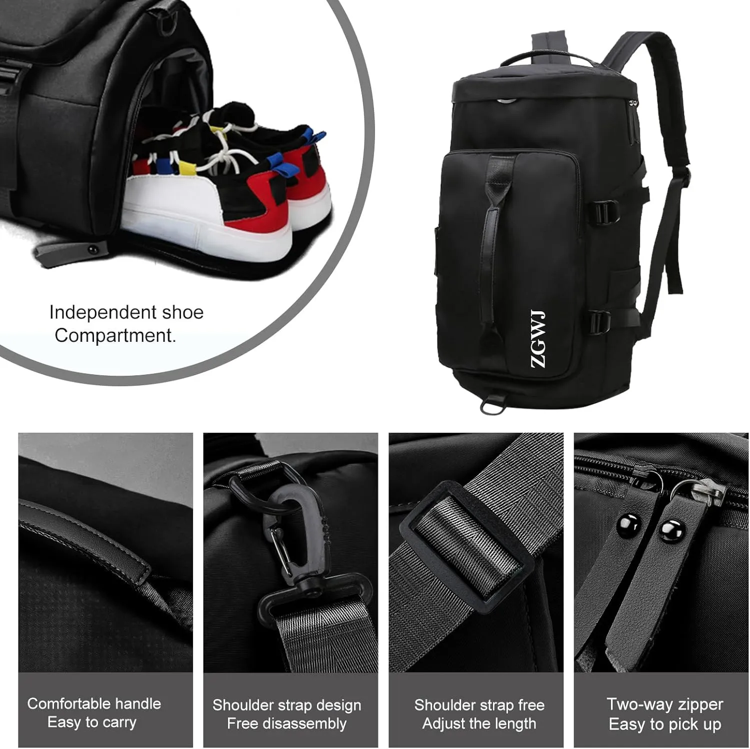 ZGWJ Sports Gym Bag with Wet Pocket & Shoes Compartment, Waterproof Shoulder Weekender Bag for Women and Men Swim Sports Travel Duffel Bag Lightweight and easy Carry on Black
