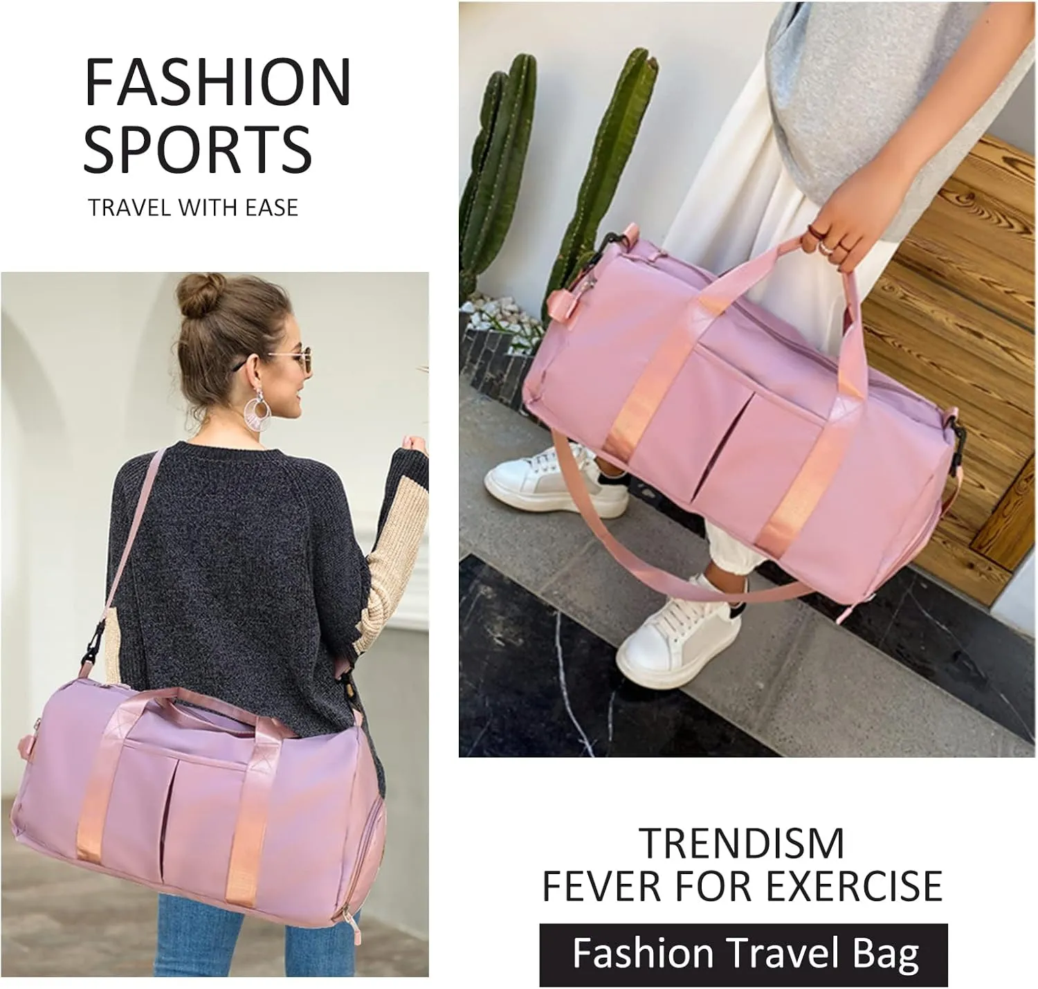 ZGWJ Sports Gym Bag with Wet Pocket & Shoes Compartment, Waterproof Shoulder Weekender Bag for Women and Men Swim Sports Travel Gym Bag Lightweight and easy Carry on Pink